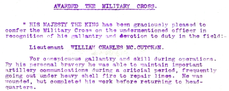 William McCutchans MC citation